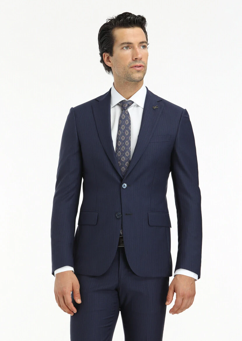 Navy Blue Striped Modern Fit 100% Wool Suit - 2