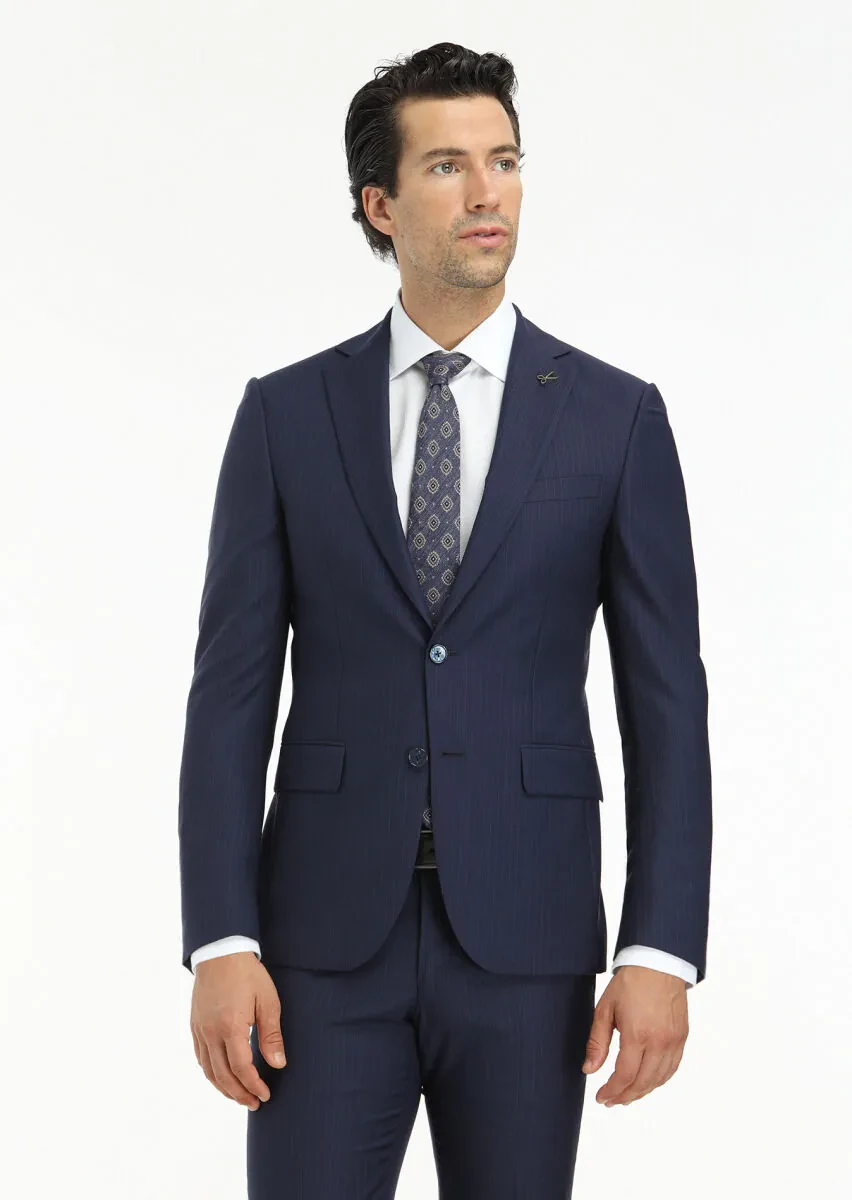 Navy Blue Striped Modern Fit 100% Wool Suit - 2