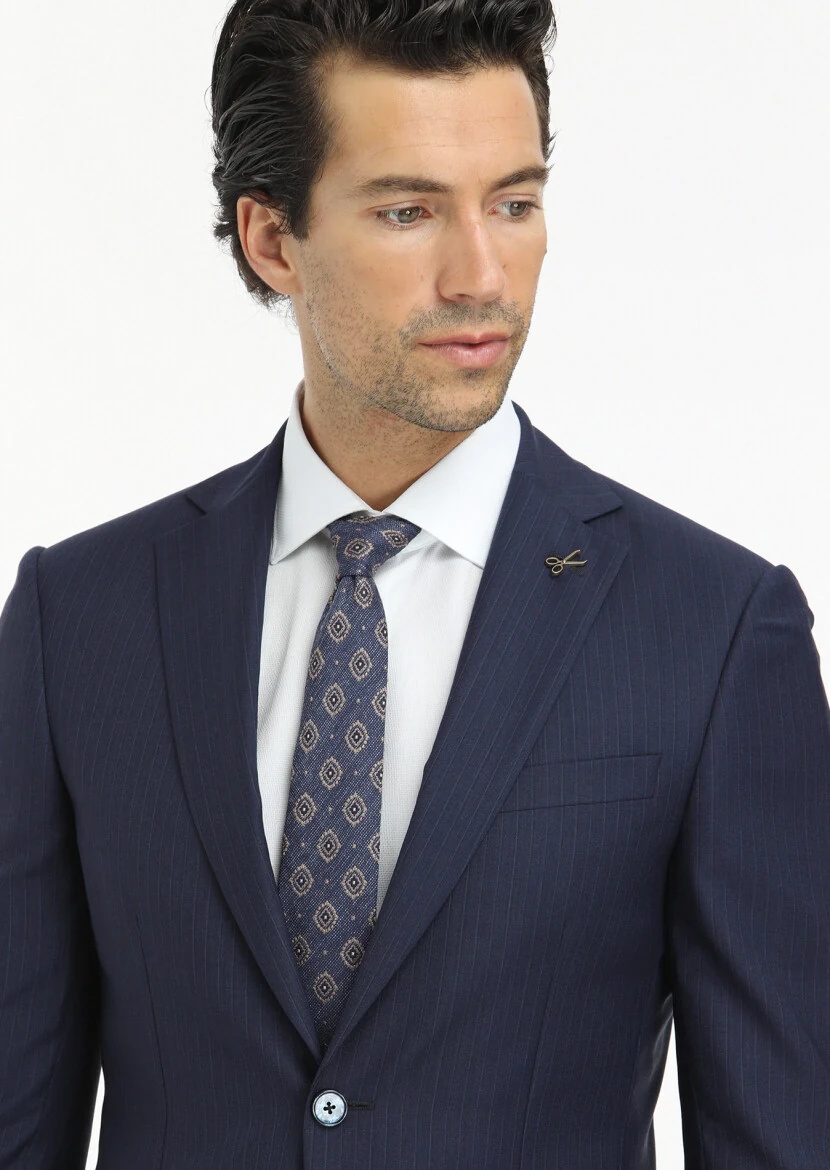 Navy Blue Striped Modern Fit 100% Wool Suit - 3