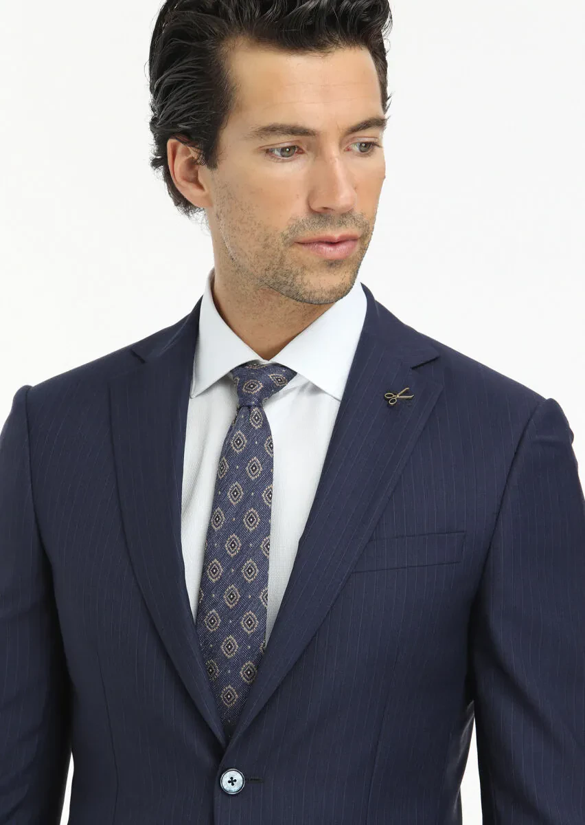 Navy Blue Striped Modern Fit 100% Wool Suit - 3