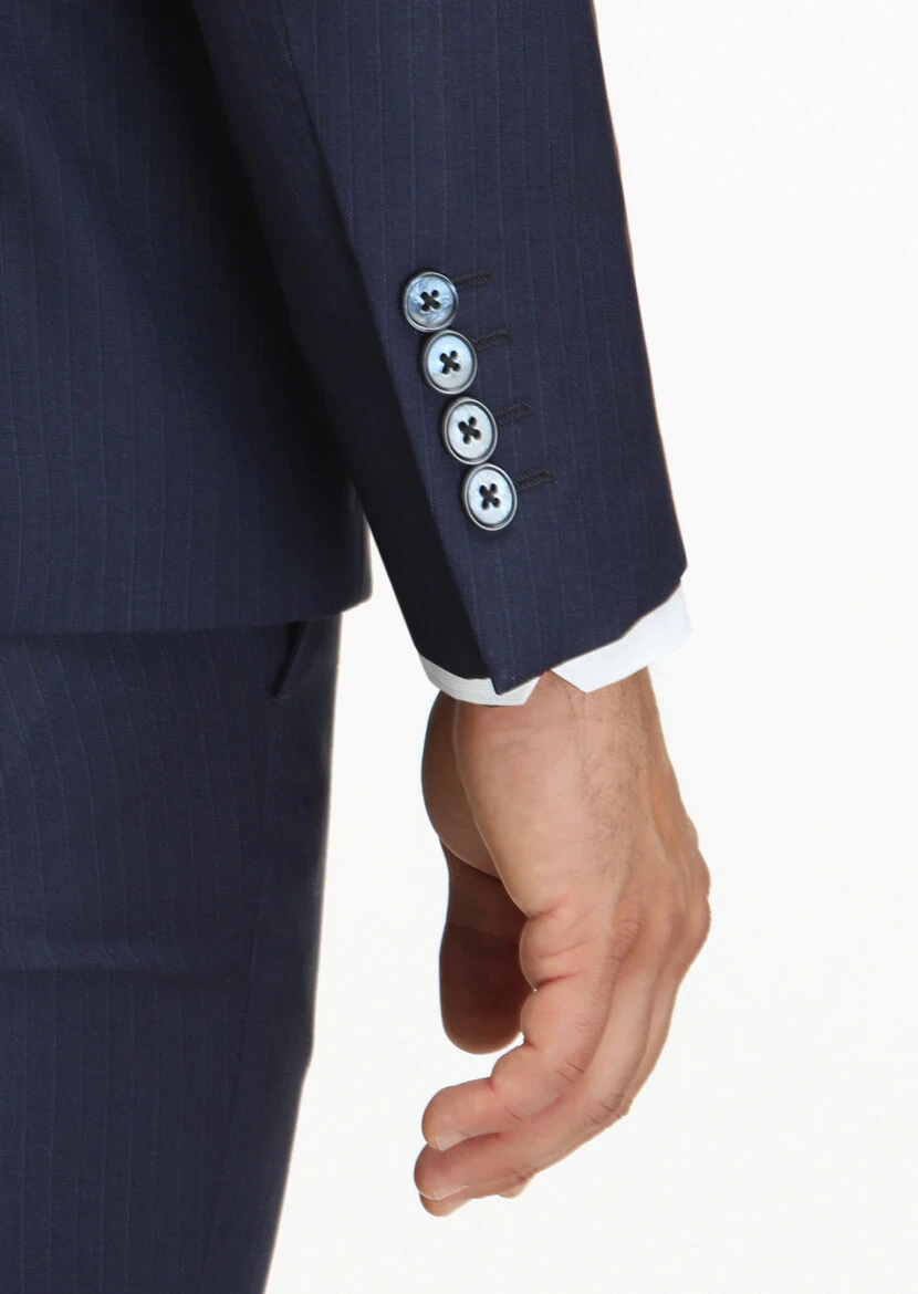 Navy Blue Striped Modern Fit 100% Wool Suit - 5