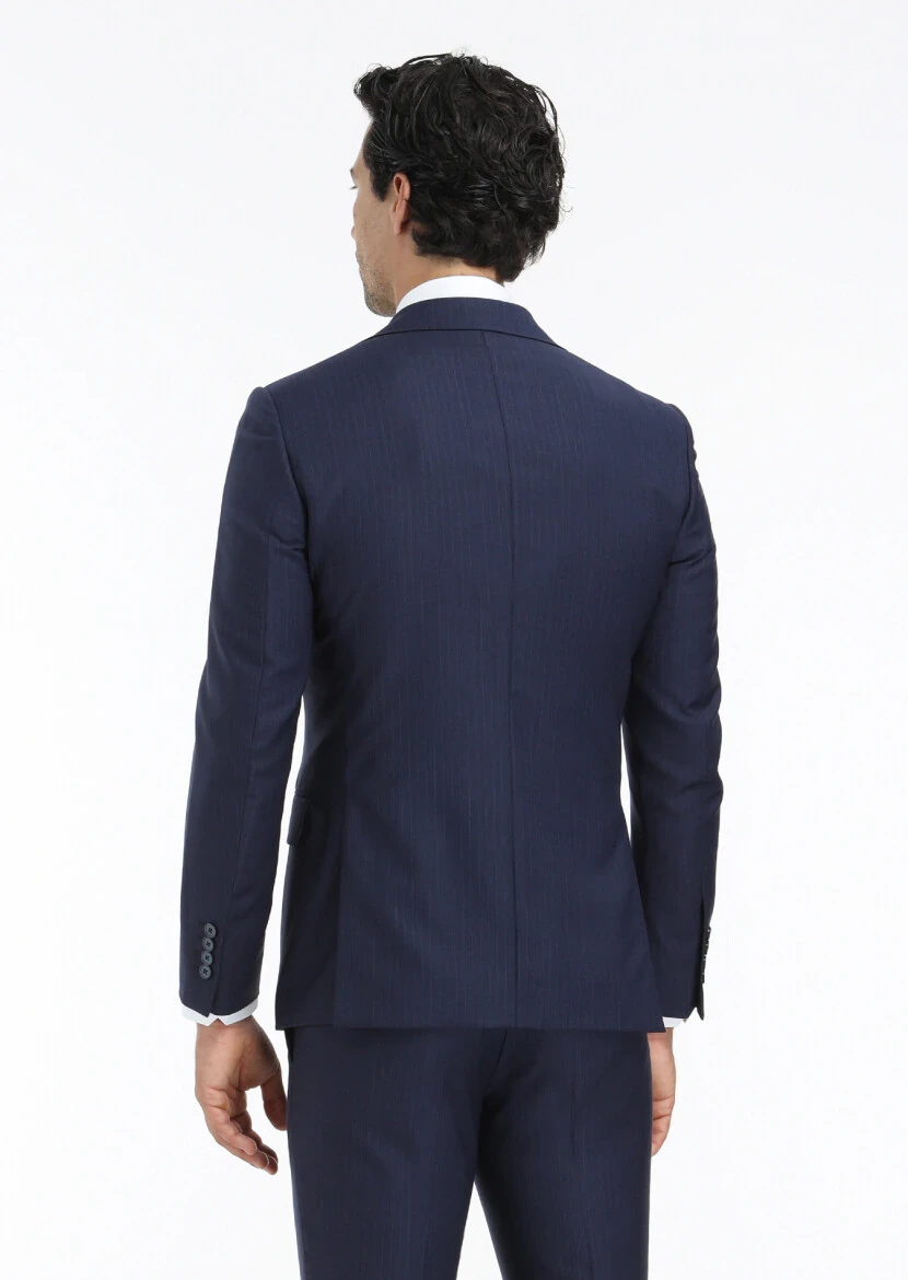 Navy Blue Striped Modern Fit 100% Wool Suit - 6