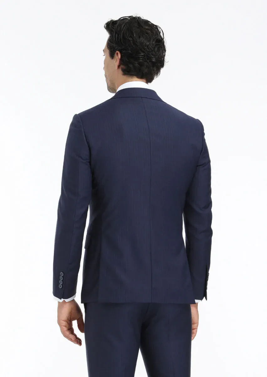 Navy Blue Striped Modern Fit 100% Wool Suit - 6