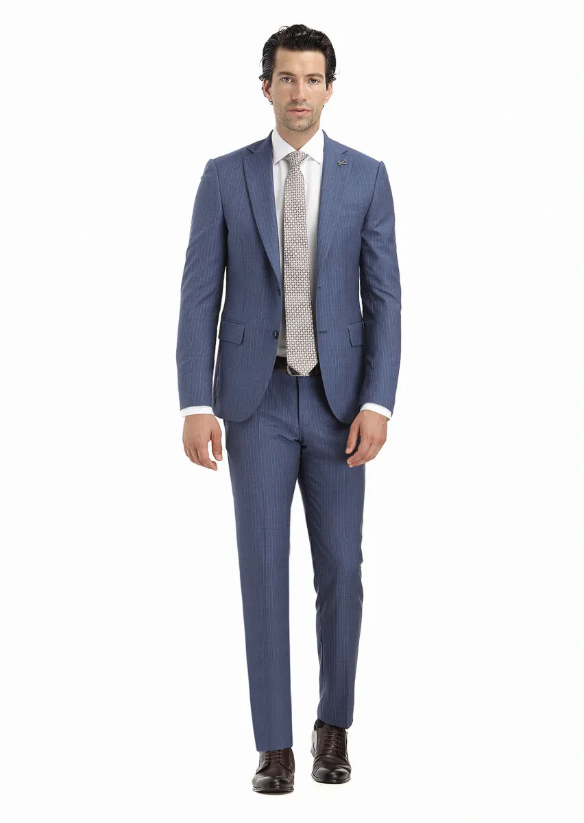 Navy Blue Striped Modern Fit 100% Wool Suit - 1