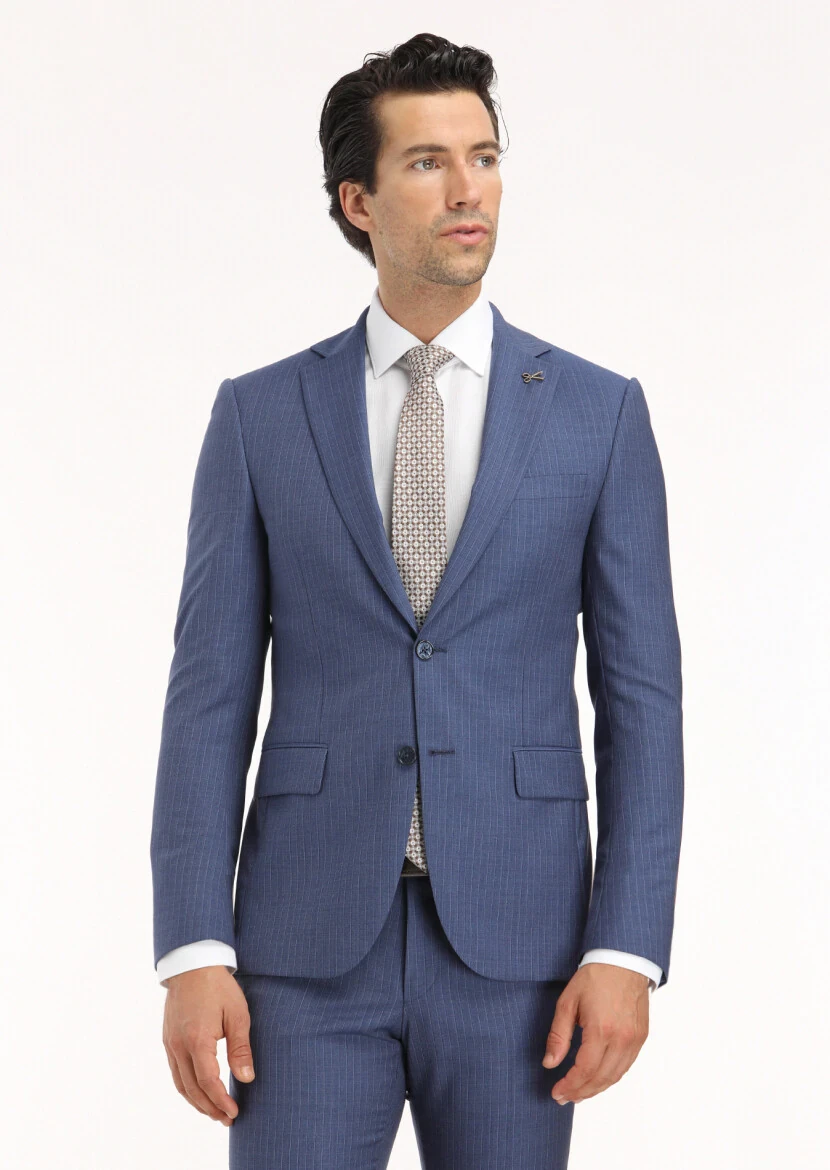 Navy Blue Striped Modern Fit 100% Wool Suit - 2