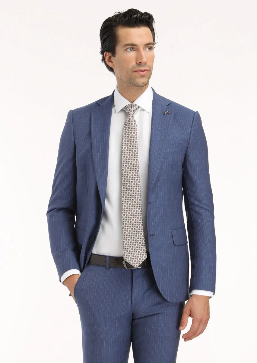 Navy Blue Striped Modern Fit 100% Wool Suit - 3