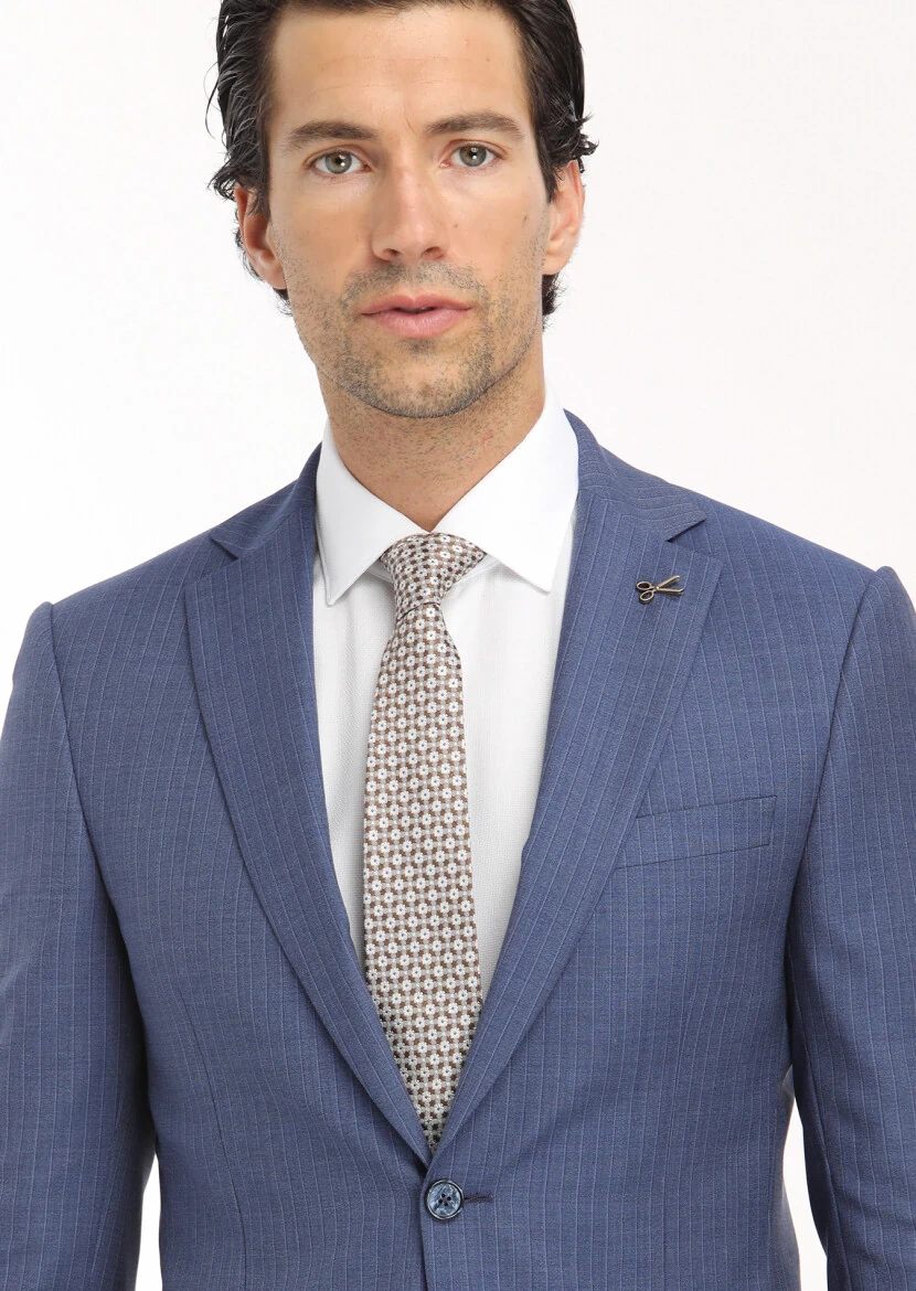 Navy Blue Striped Modern Fit 100% Wool Suit - 4