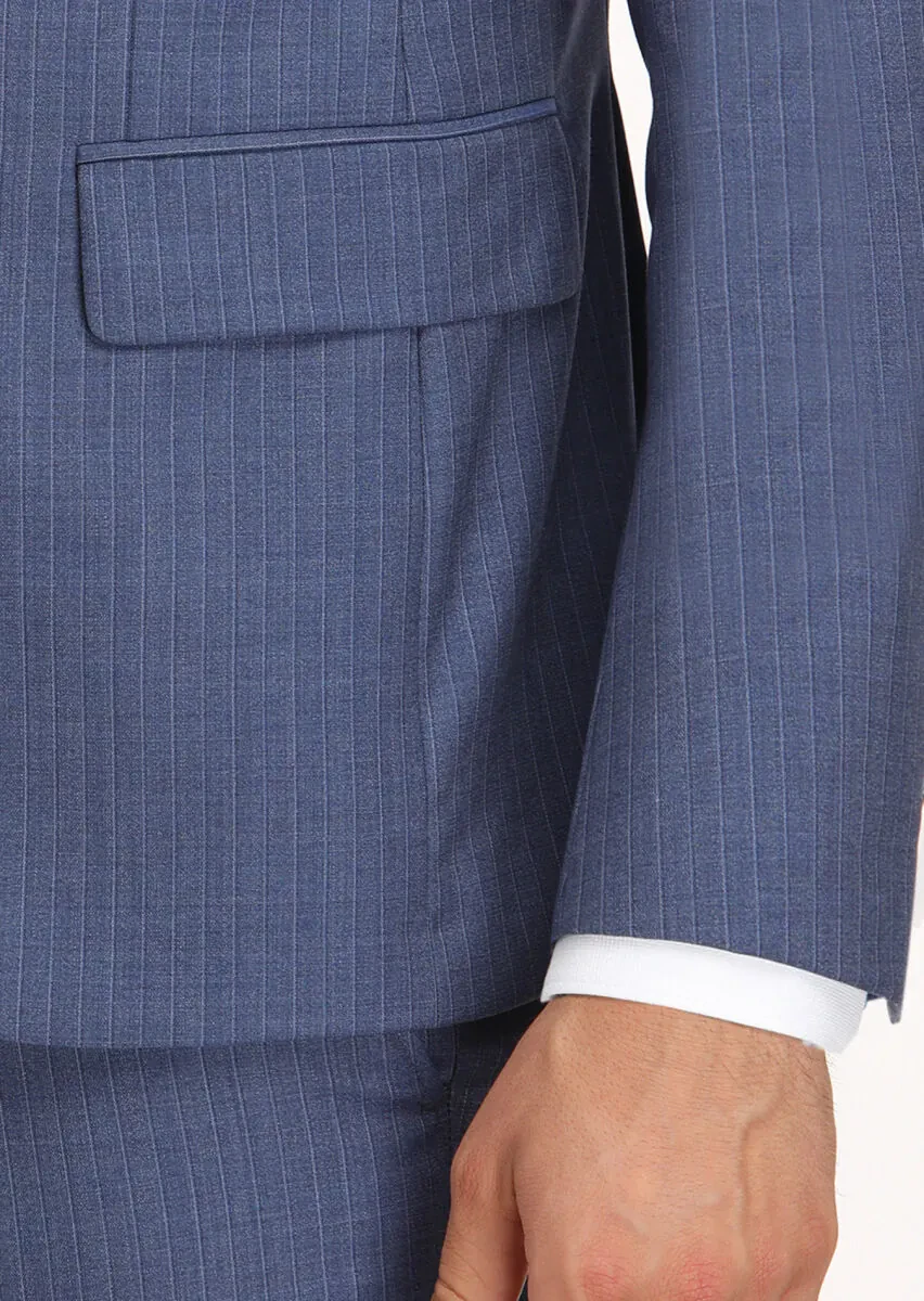 Navy Blue Striped Modern Fit 100% Wool Suit - 5