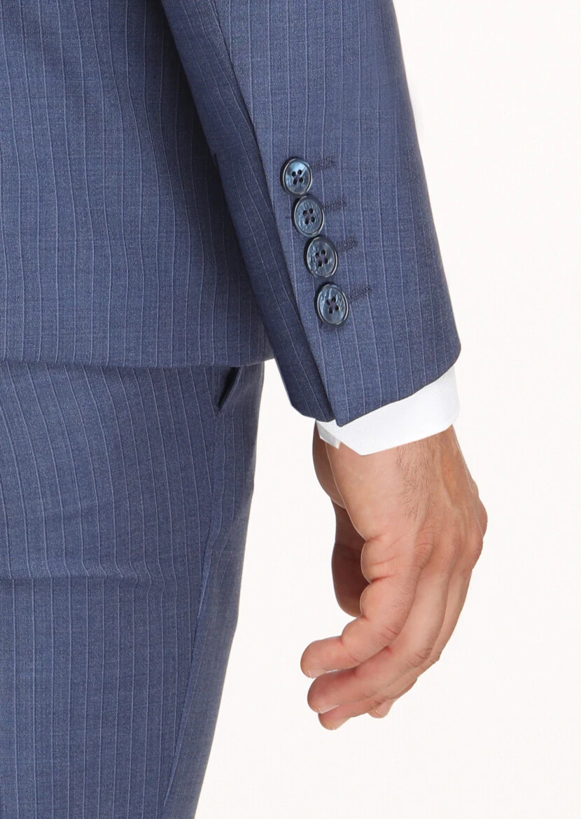 Navy Blue Striped Modern Fit 100% Wool Suit - 6