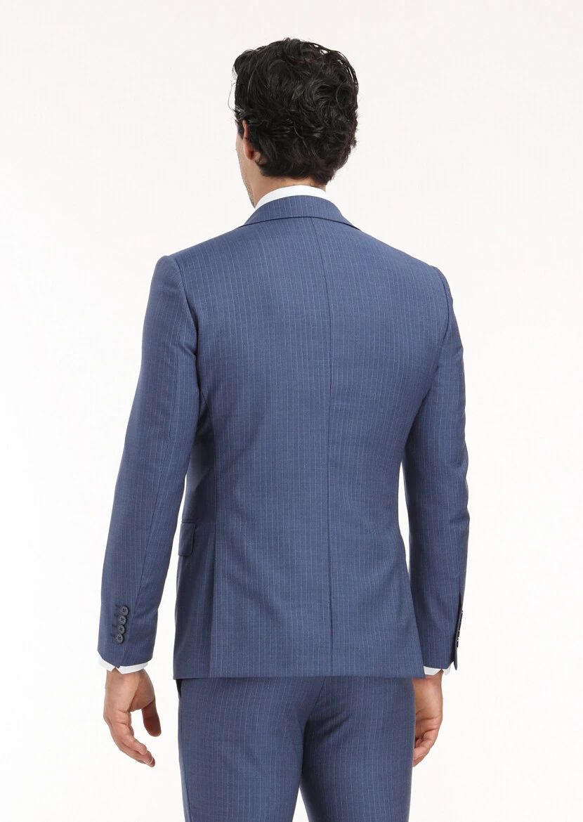 Navy Blue Striped Modern Fit 100% Wool Suit - 7