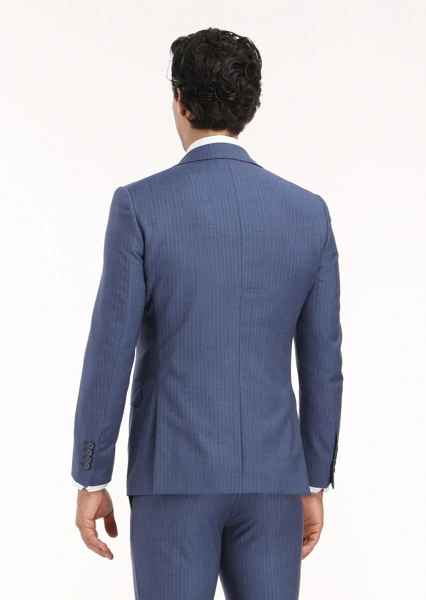 Navy Blue Striped Modern Fit 100% Wool Suit - 7
