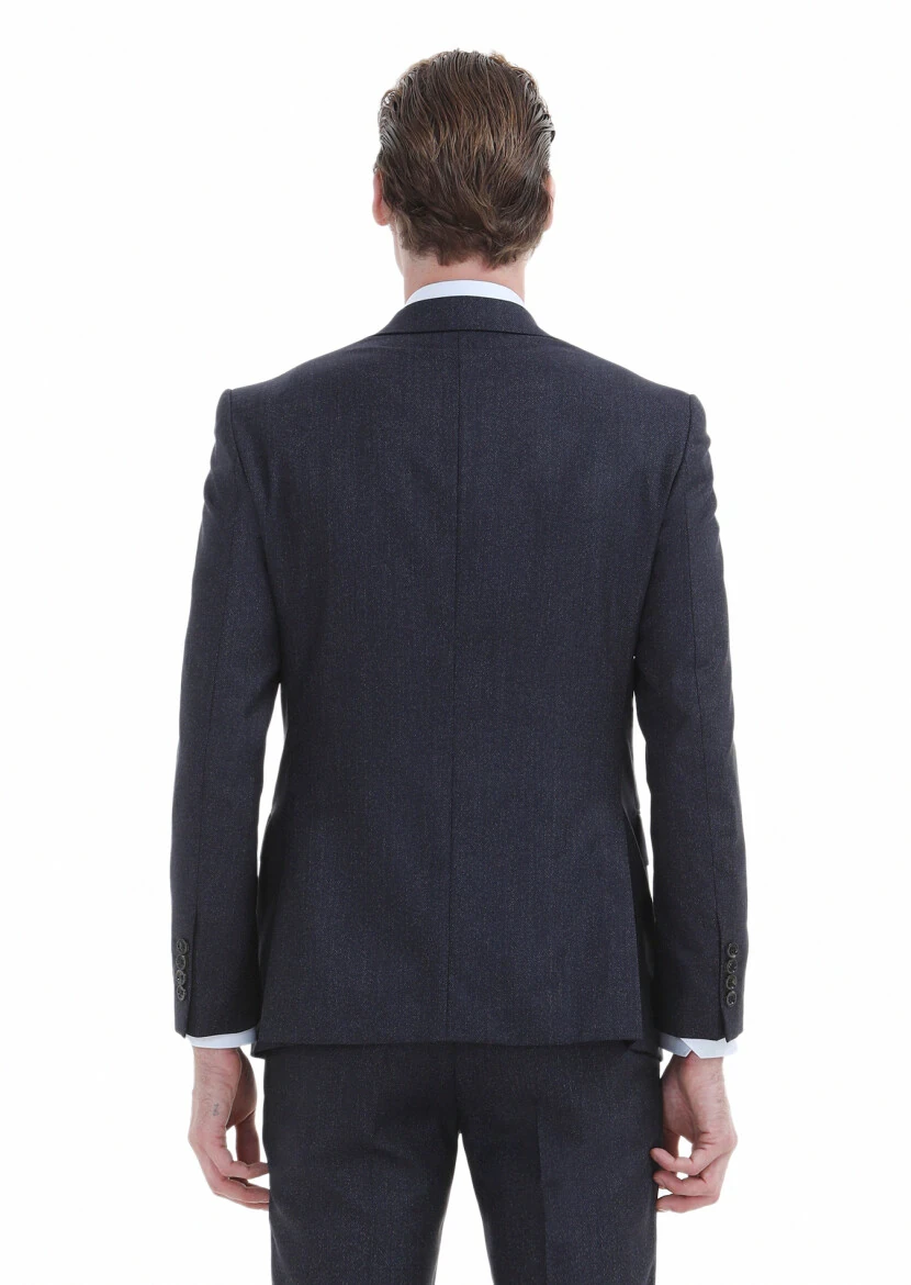 Navy Blue Striped Modern Fit 100% Wool Suit - 6