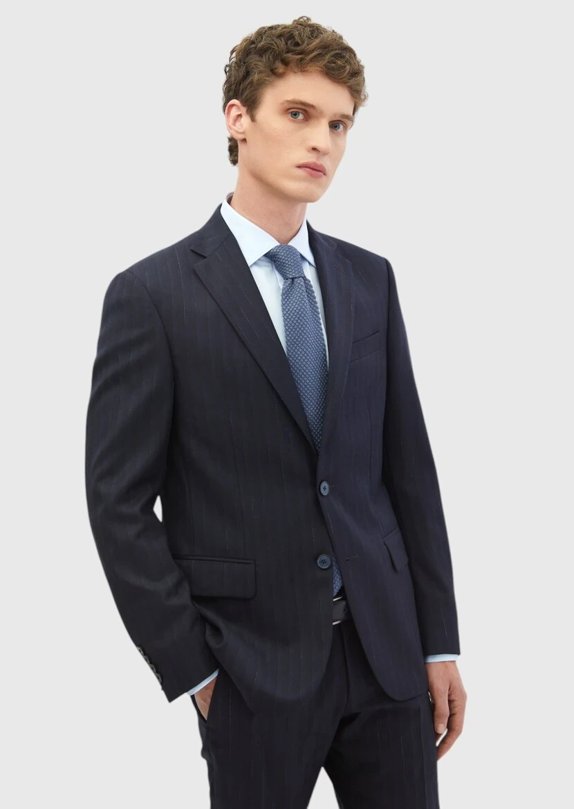 Navy Blue Striped Modern Fit 100% Wool Suit - 1