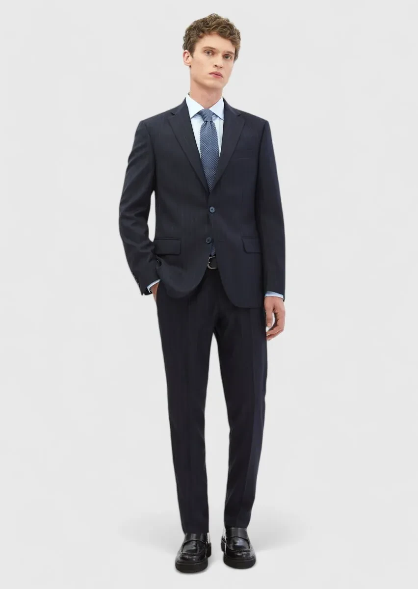 Navy Blue Striped Modern Fit 100% Wool Suit - 2