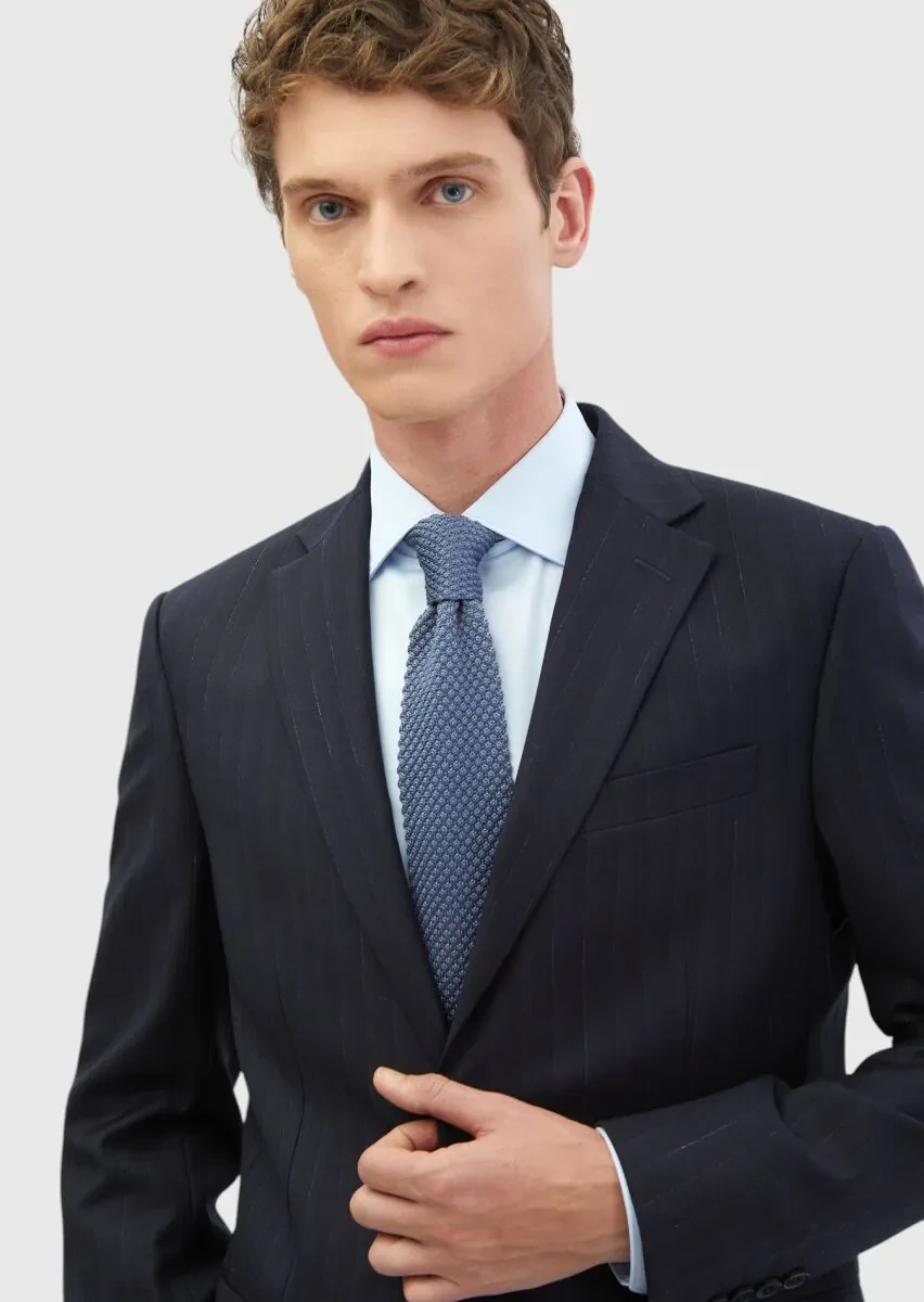 Navy Blue Striped Modern Fit 100% Wool Suit - 3