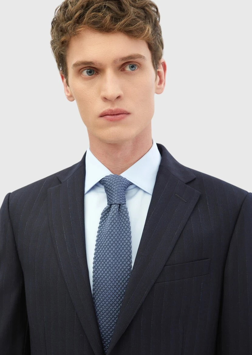 Navy Blue Striped Modern Fit 100% Wool Suit - 4