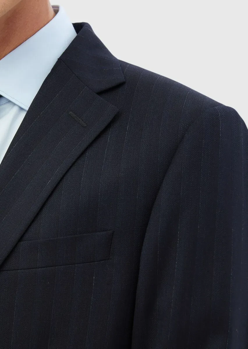 Navy Blue Striped Modern Fit 100% Wool Suit - 5