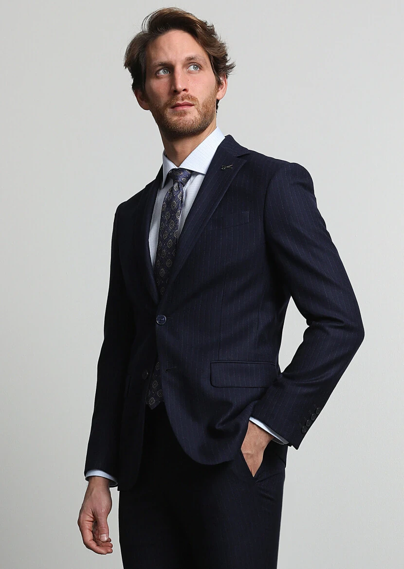 Navy Blue Striped Modern Fit Wool Blended Suit - 1