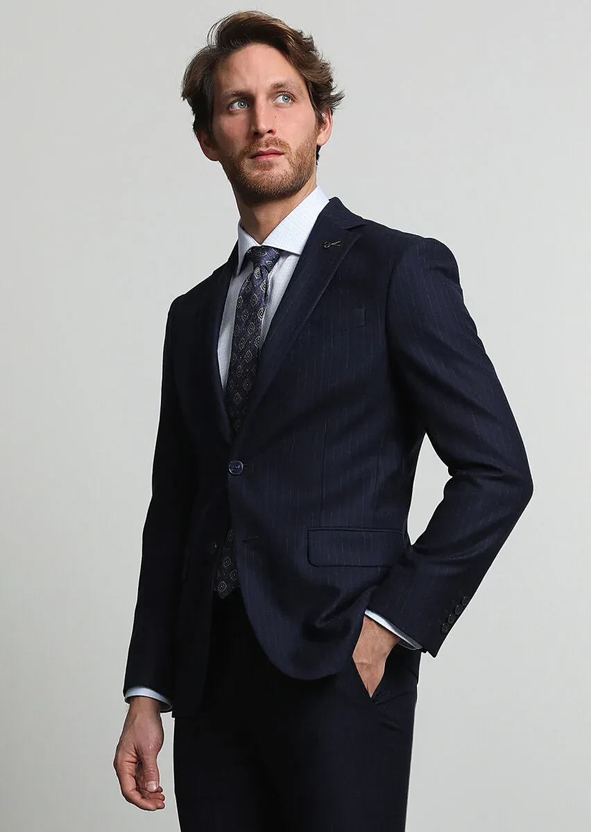 Navy Blue Striped Modern Fit Wool Blended Suit - 1