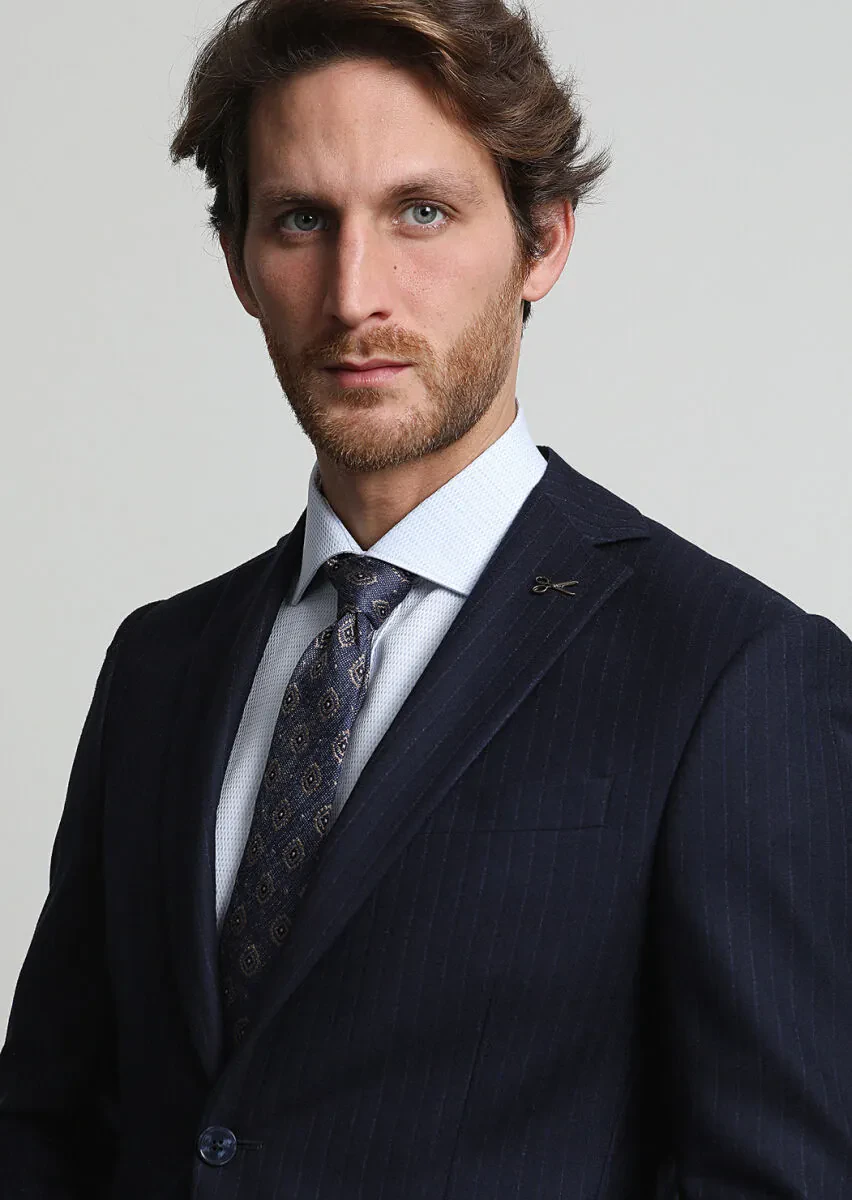 Navy Blue Striped Modern Fit Wool Blended Suit - 2