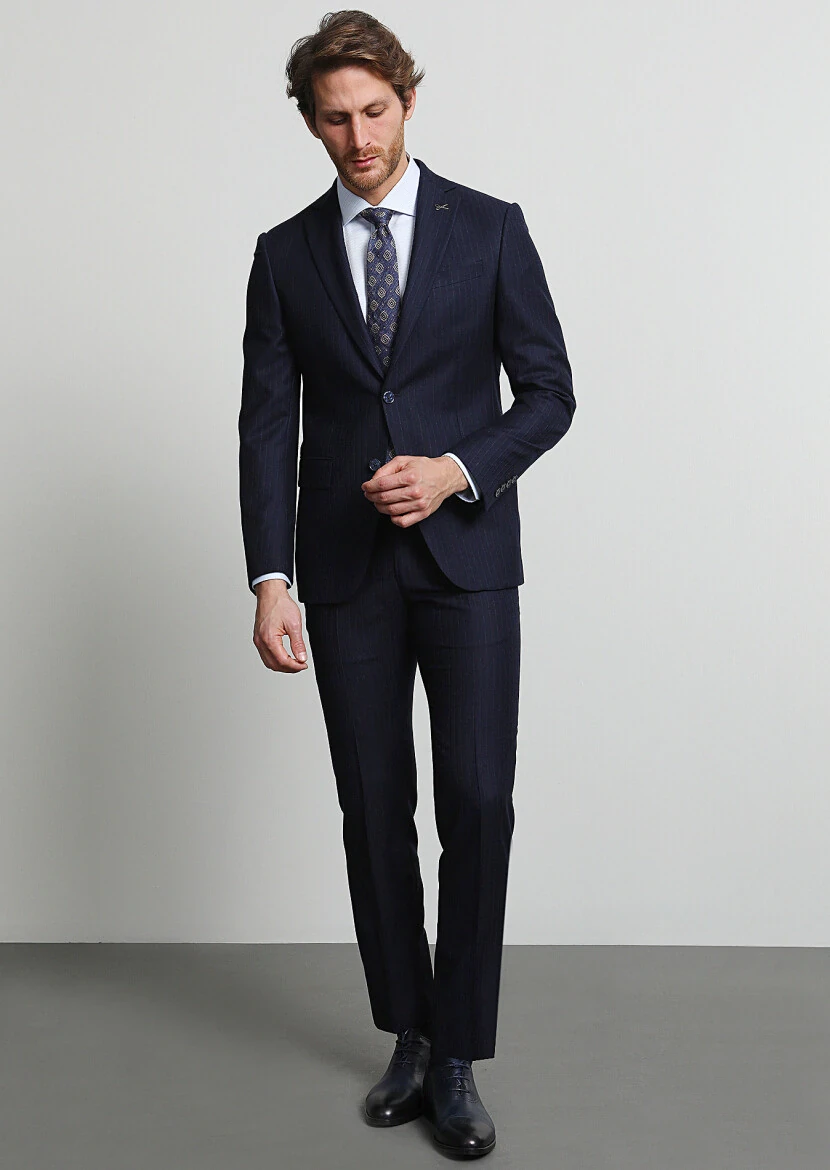 Navy Blue Striped Modern Fit Wool Blended Suit - 3
