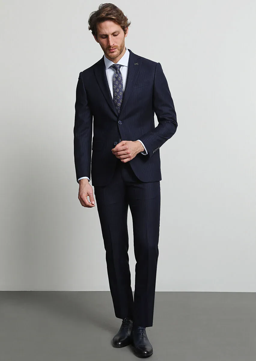 Navy Blue Striped Modern Fit Wool Blended Suit - 3
