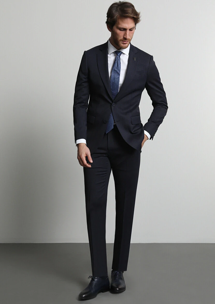 Navy Blue Striped Modern Fit Wool Blended Suit - 1