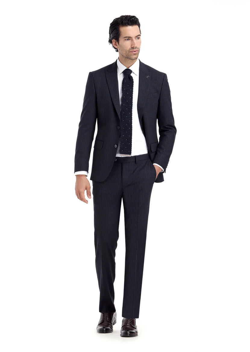 Navy Blue Striped Modern Fit Wool Blended Suit - 1
