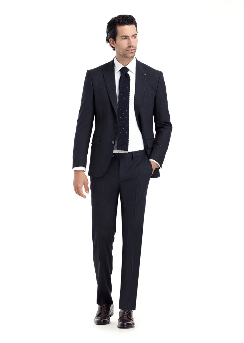 Navy Blue Striped Modern Fit Wool Blended Suit - 1