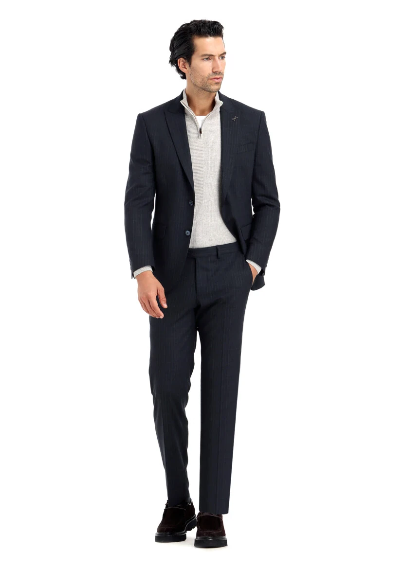 Navy Blue Striped Modern Fit Wool Blended Suit - 2