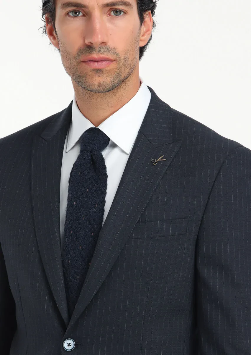 Navy Blue Striped Modern Fit Wool Blended Suit - 3