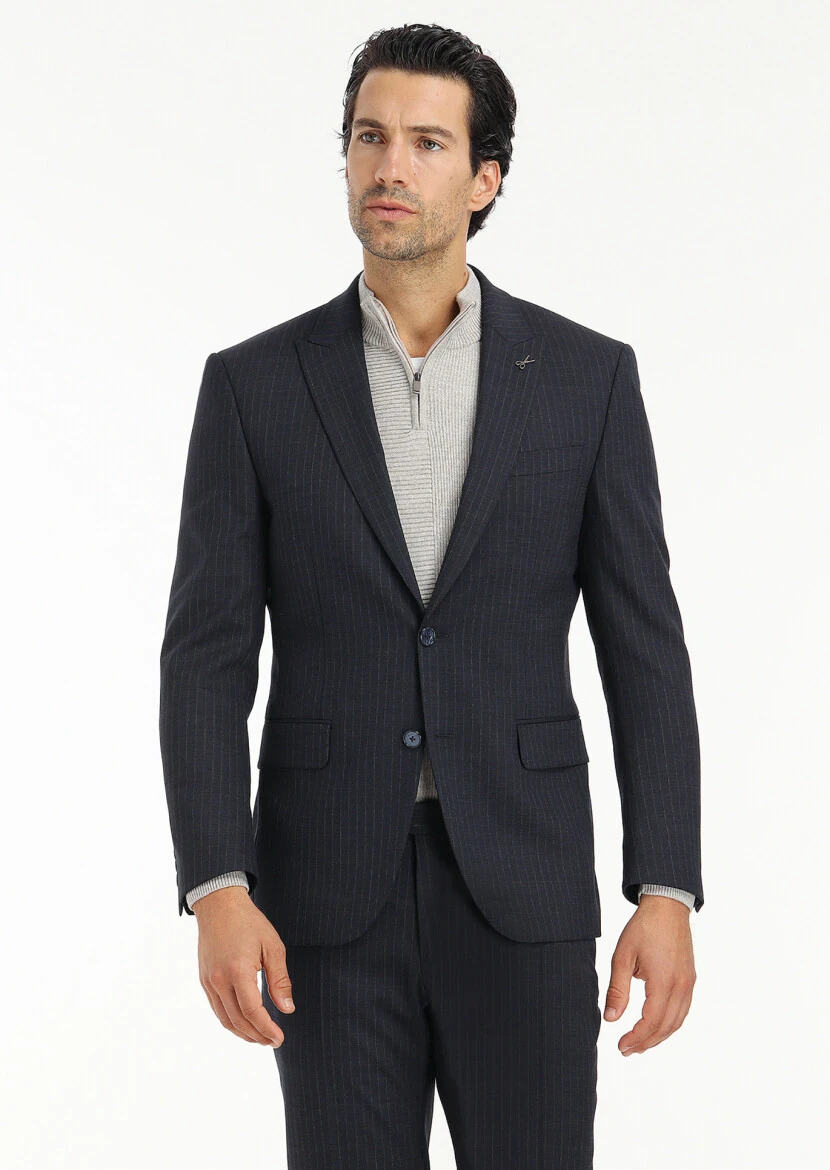 Navy Blue Striped Modern Fit Wool Blended Suit - 4