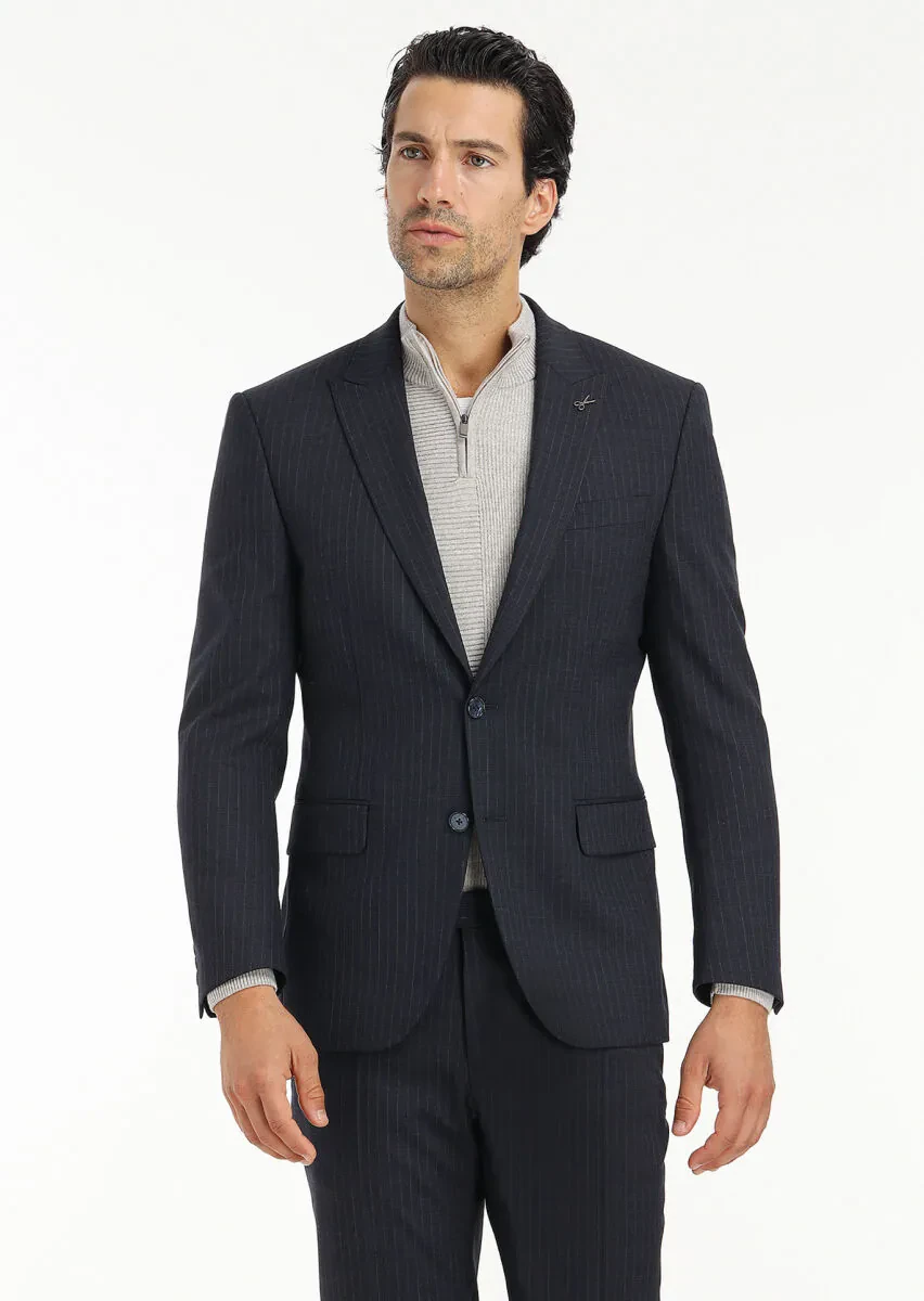 Navy Blue Striped Modern Fit Wool Blended Suit - 4