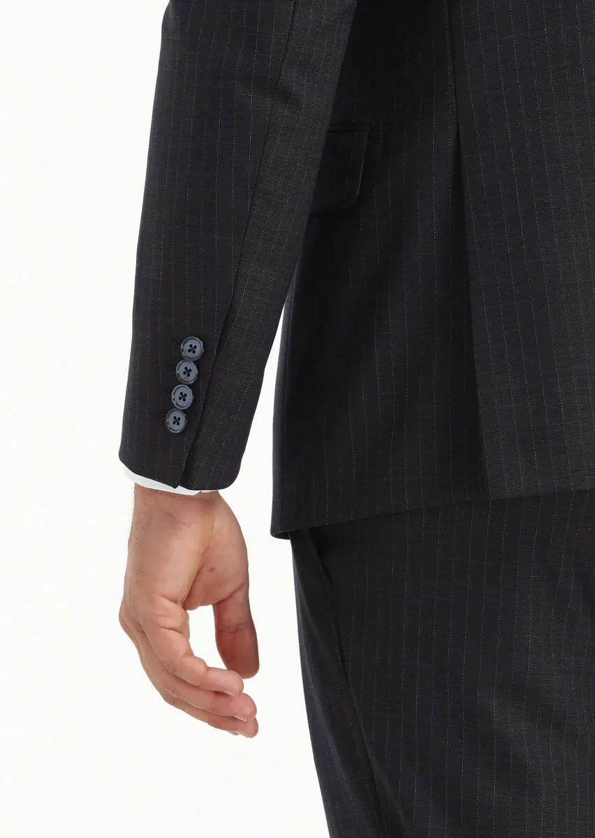 Navy Blue Striped Modern Fit Wool Blended Suit - 5