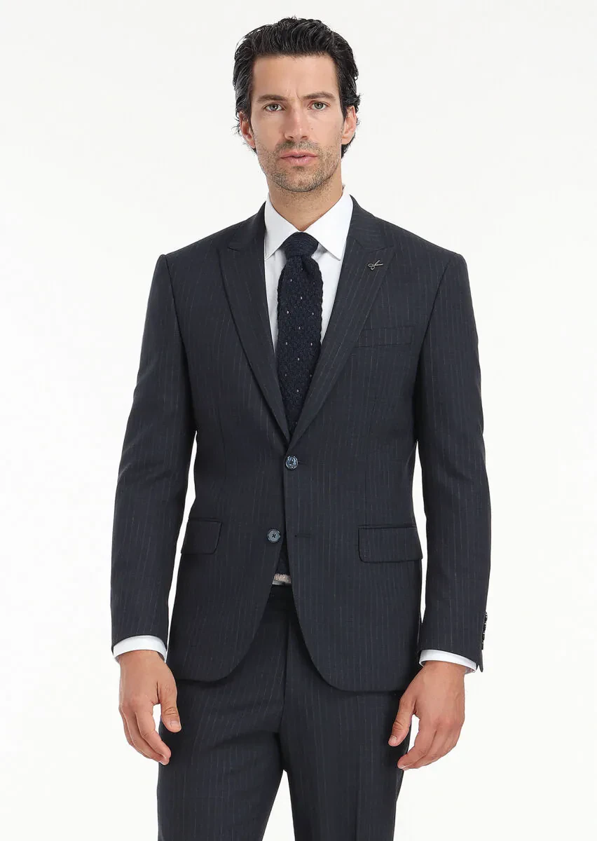 Navy Blue Striped Modern Fit Wool Blended Suit - 6