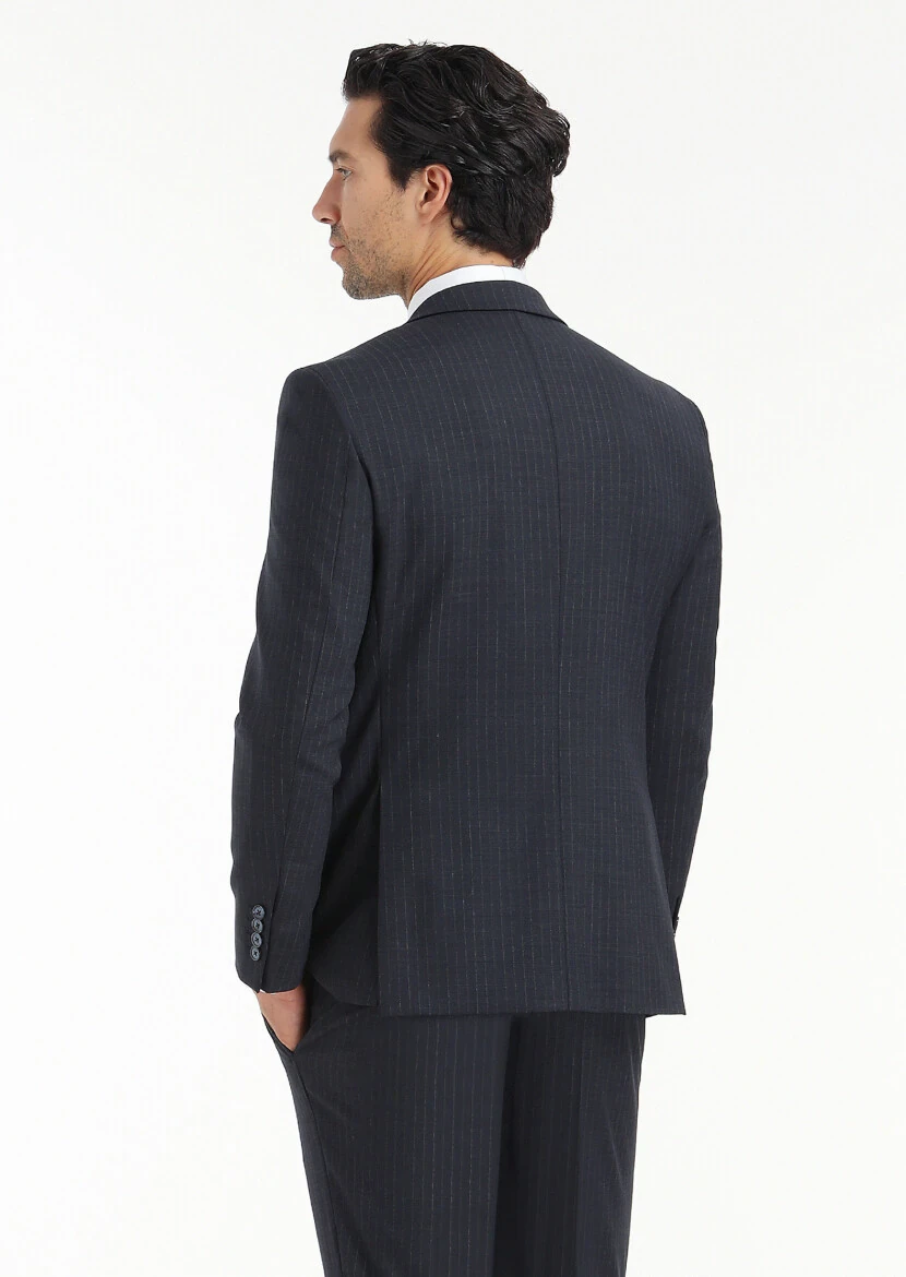 Navy Blue Striped Modern Fit Wool Blended Suit - 7