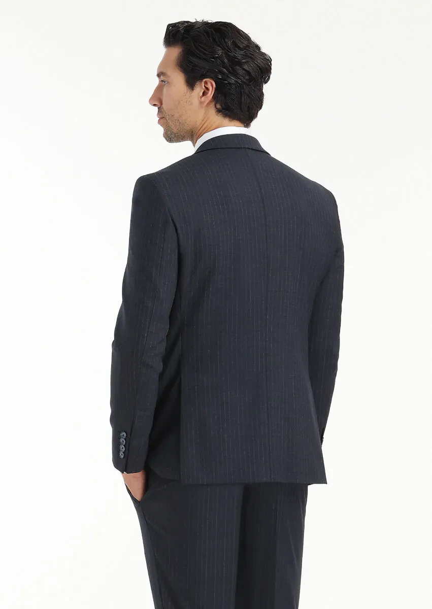 Navy Blue Striped Modern Fit Wool Blended Suit - 7