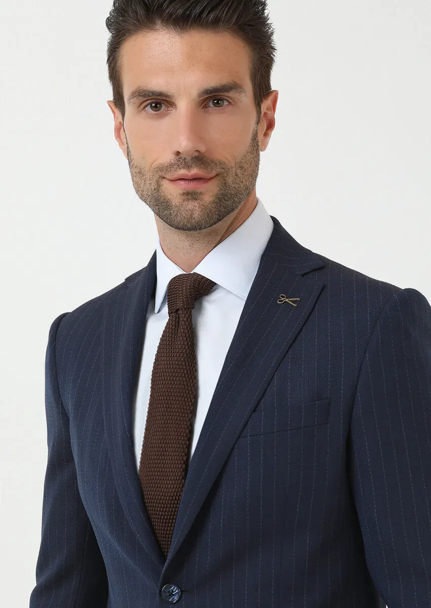 Navy Blue Striped Modern Fit Wool Blended Suit - 3