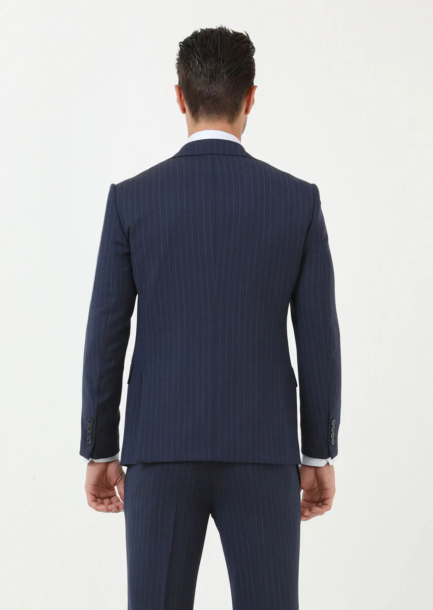 Navy Blue Striped Modern Fit Wool Blended Suit - 4