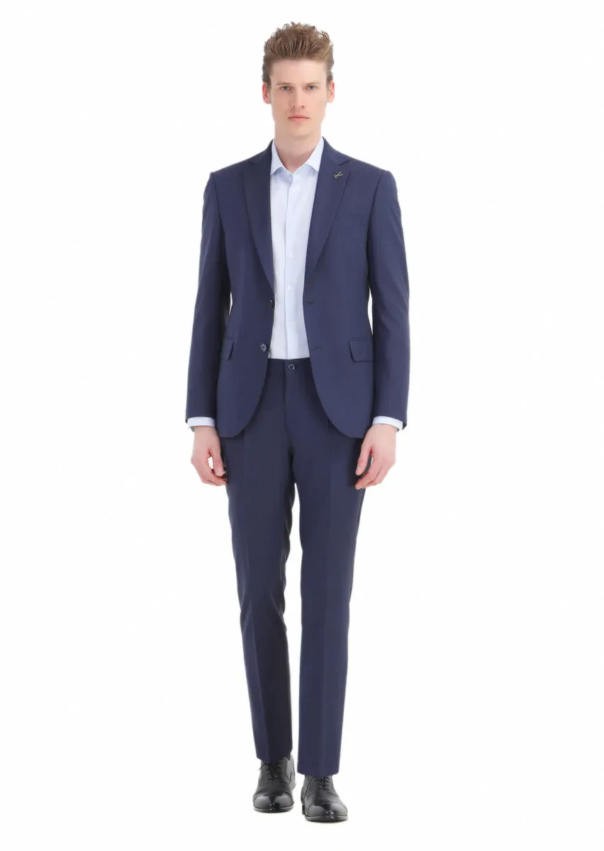 Navy Blue Striped Modern Fit Wool Blended Suit - 1