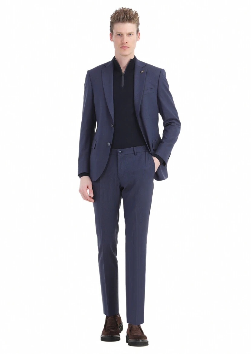 Navy Blue Striped Modern Fit Wool Blended Suit - 2