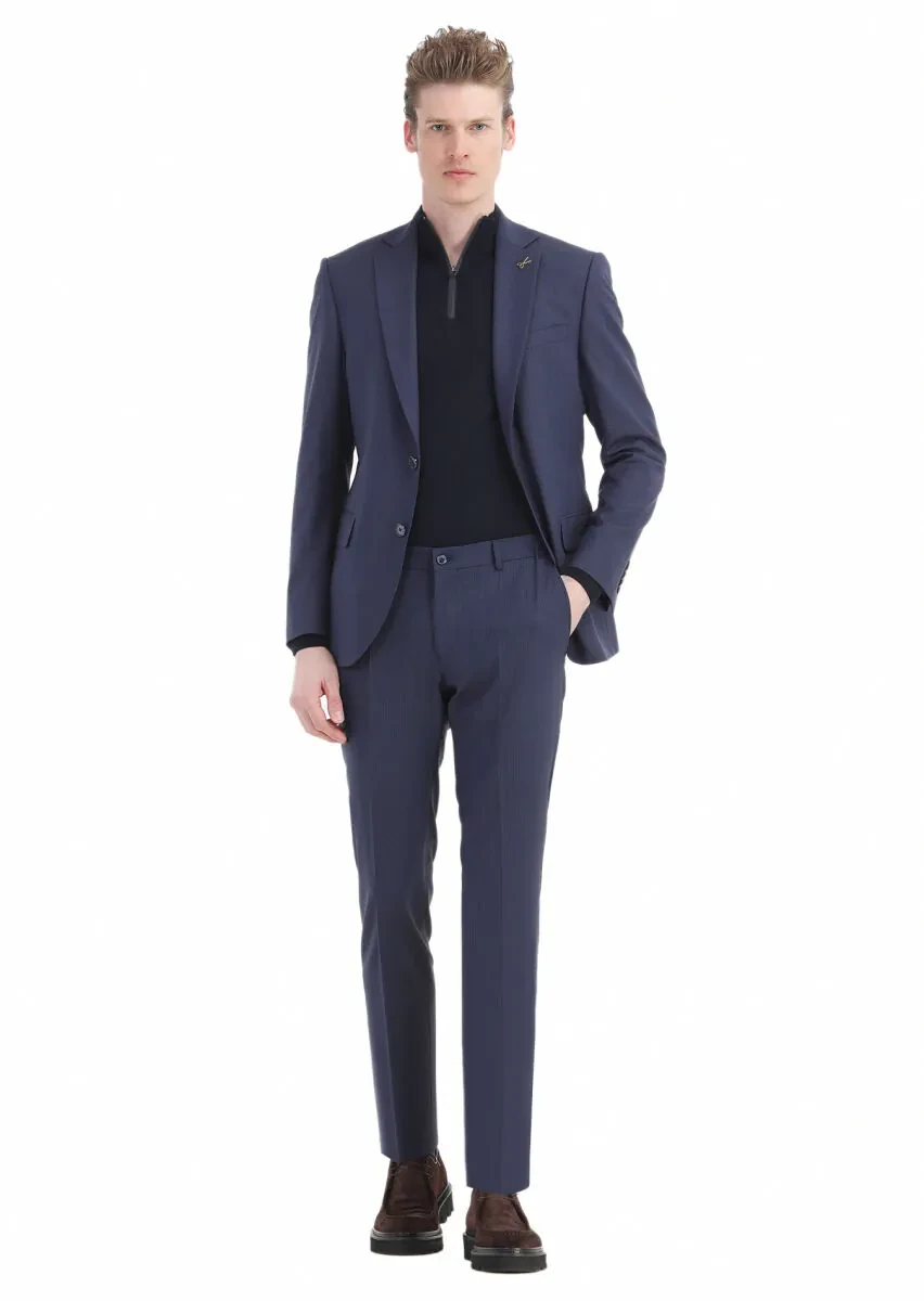 Navy Blue Striped Modern Fit Wool Blended Suit - 2