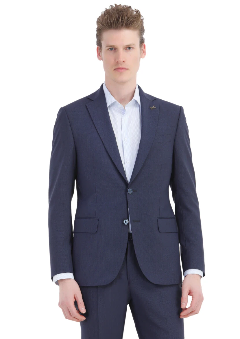 Navy Blue Striped Modern Fit Wool Blended Suit - 3