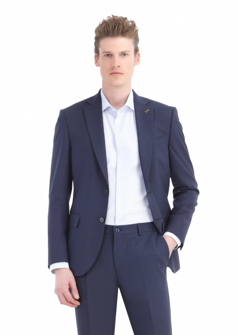 Navy Blue Striped Modern Fit Wool Blended Suit - 4