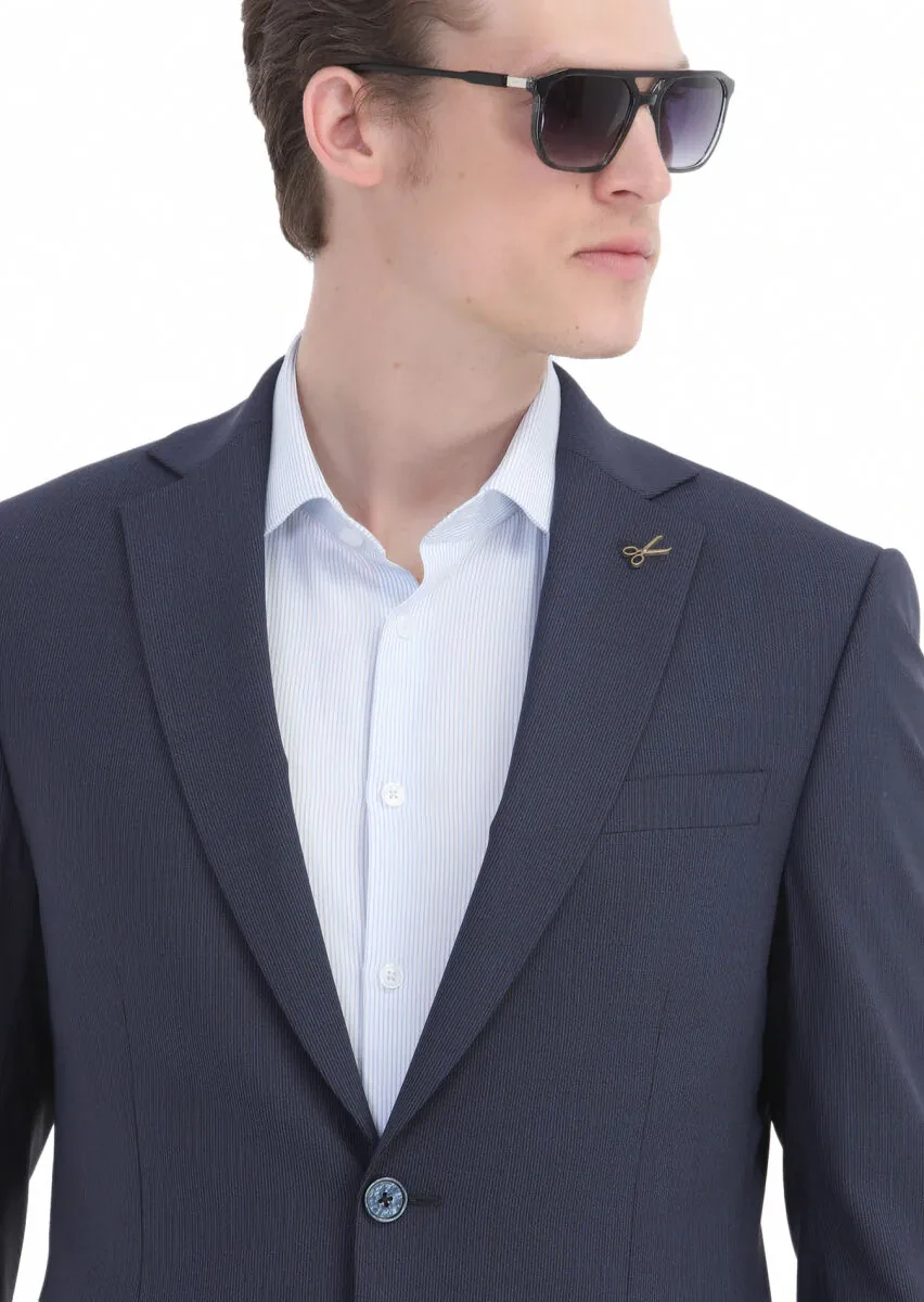 Navy Blue Striped Modern Fit Wool Blended Suit - 6