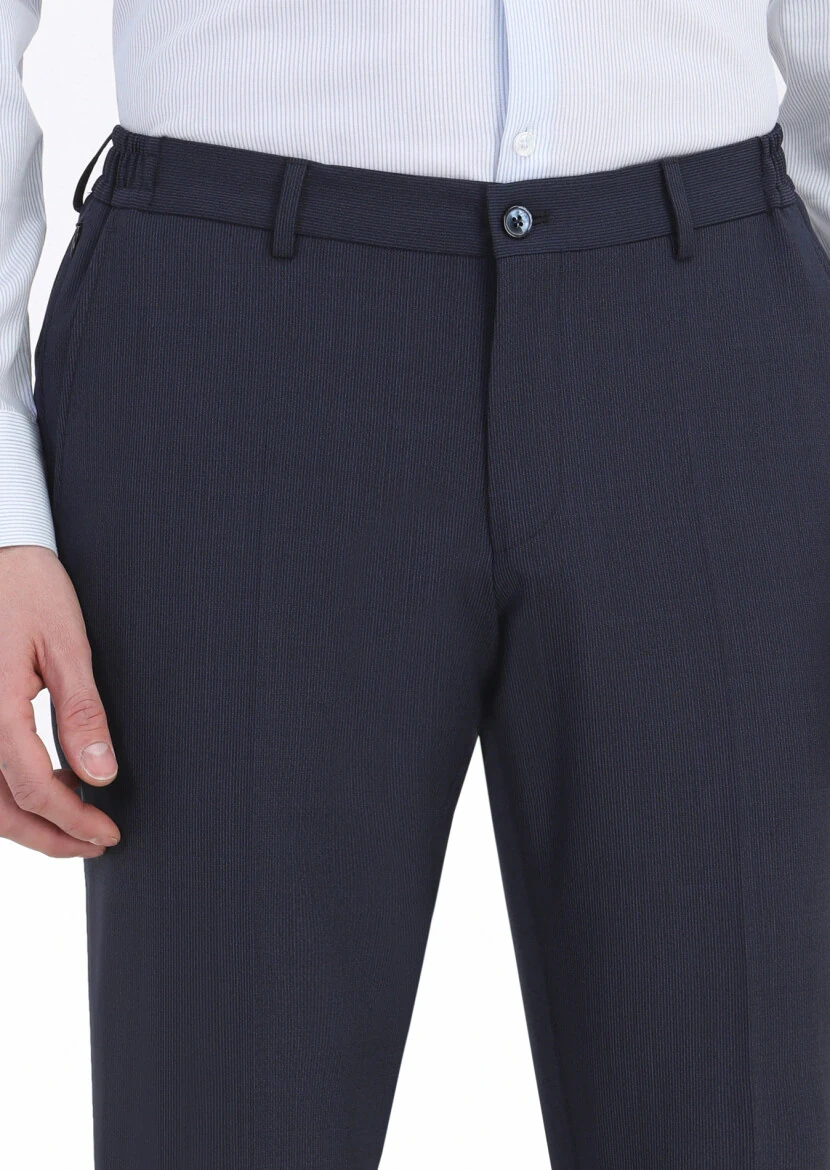 Navy Blue Striped Modern Fit Wool Blended Suit - 7