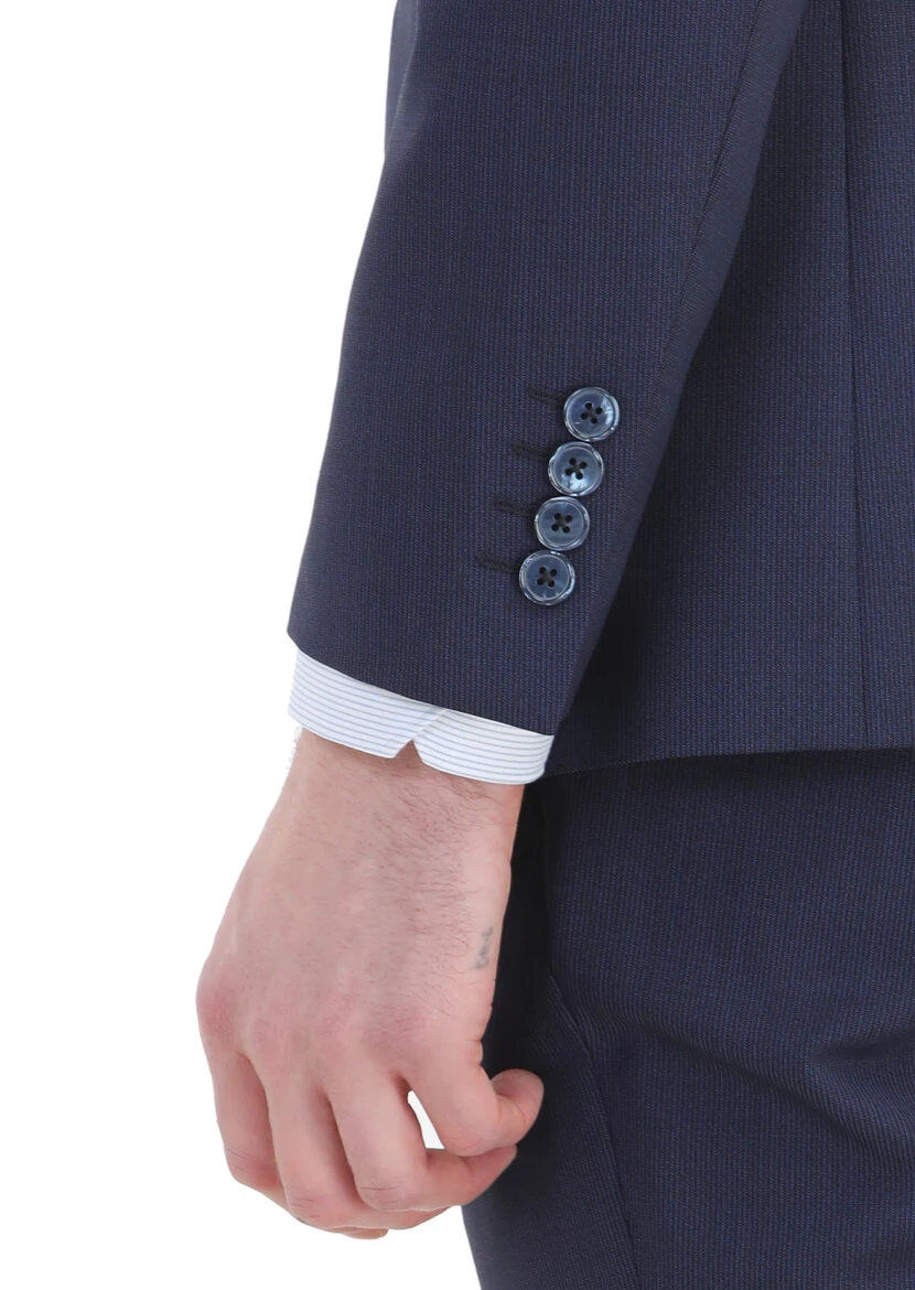 Navy Blue Striped Modern Fit Wool Blended Suit - 9