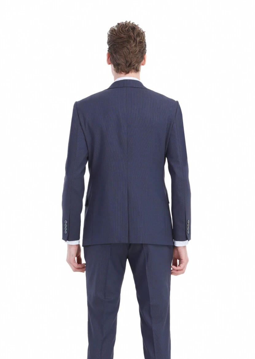 Navy Blue Striped Modern Fit Wool Blended Suit - 10