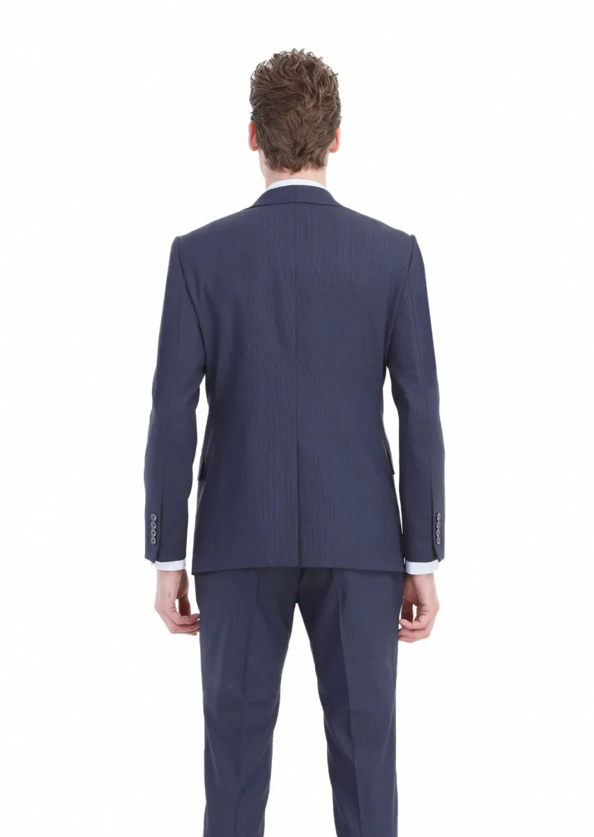 Navy Blue Striped Modern Fit Wool Blended Suit - 10