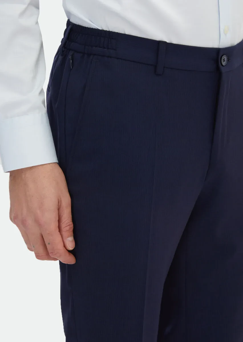 Navy Blue Striped Modern Fit Wool Blended Suit - 6